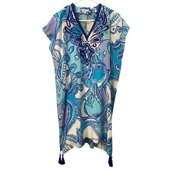 Lilly Pulitzer Sydney Silk Caftan Dress XS Blue Preppy Beach Resortwear - Picture 2 of 13